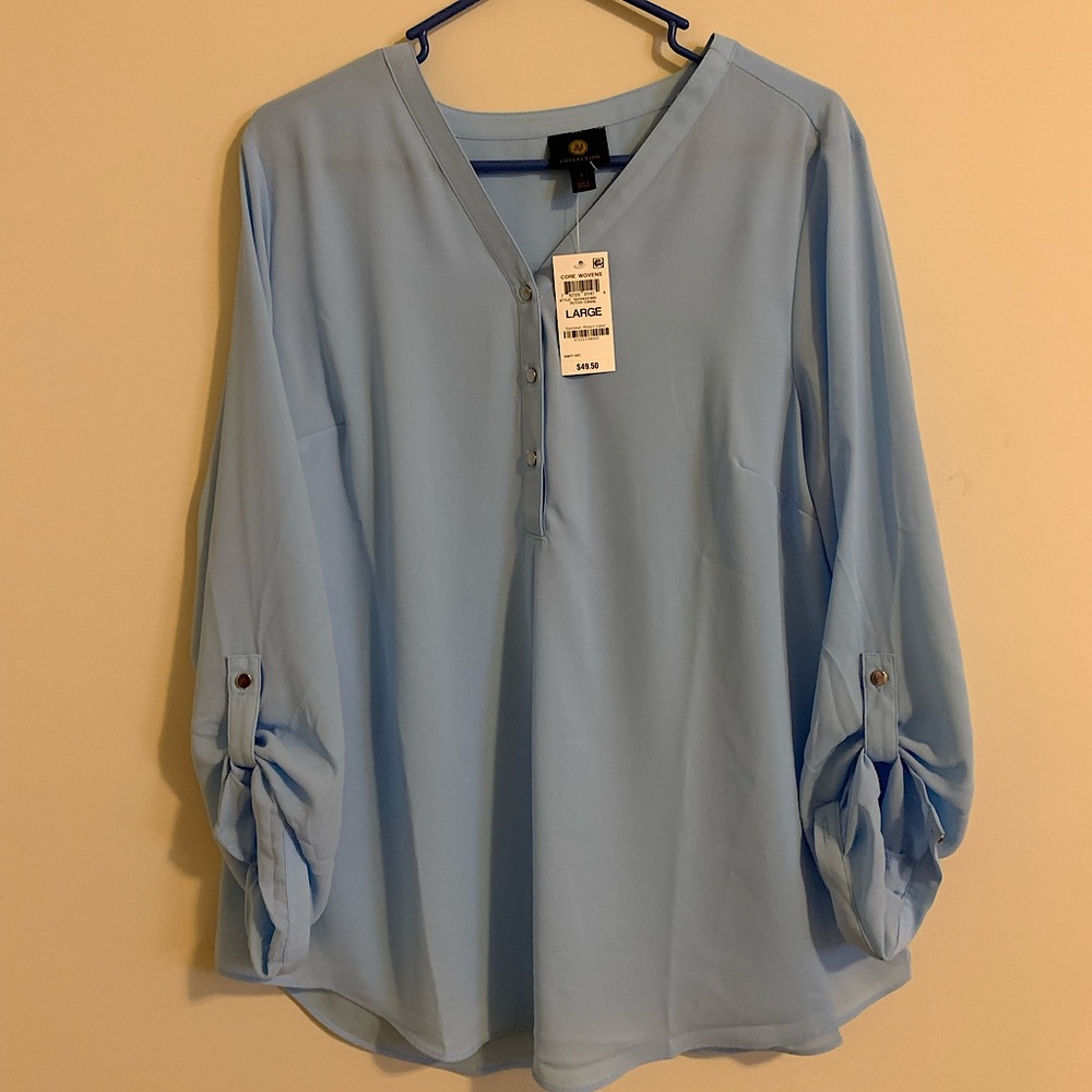 NWT JM Collection Baby Blue Draped Blouse